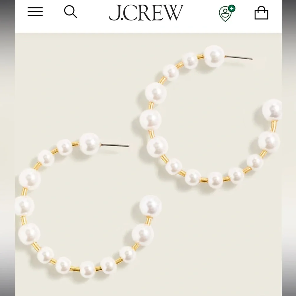 J.Crew Bead Hoop Earrings Pearl Classic Gold Large - Picture 5 of 7